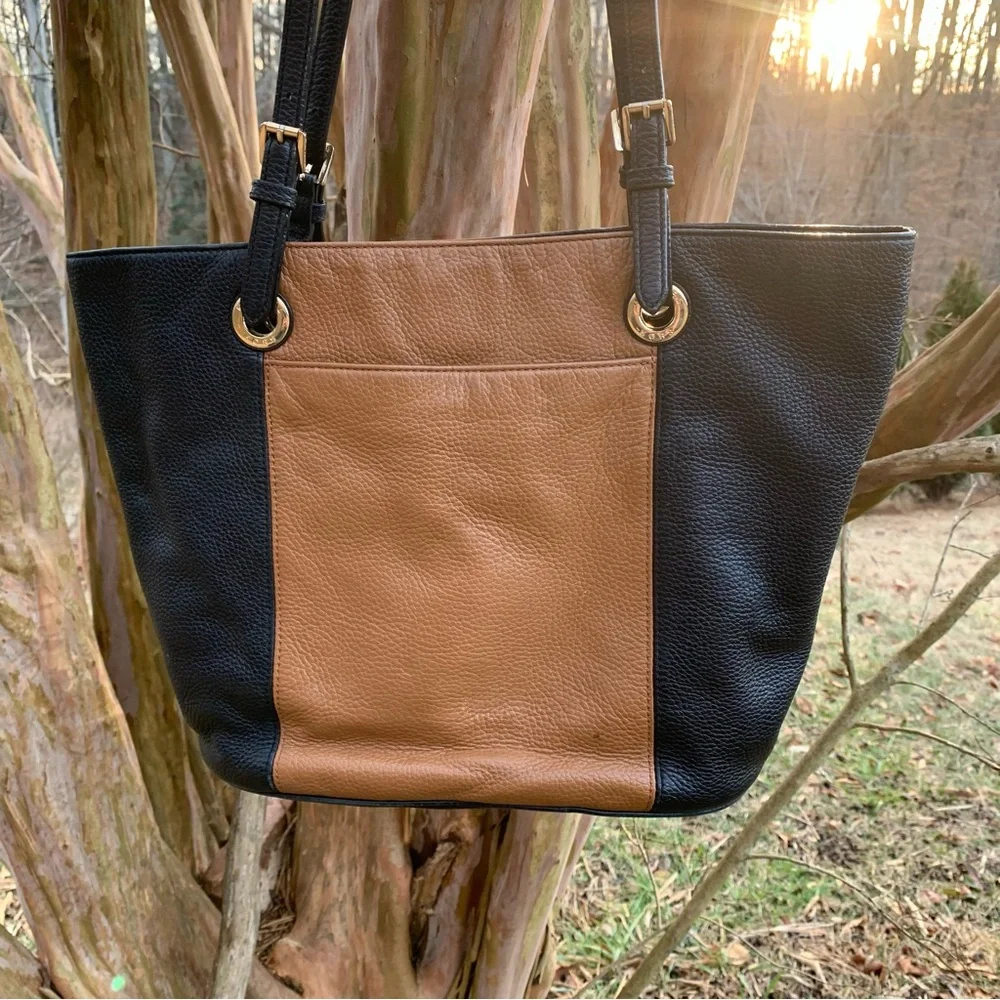 Michael Kors Large Pebble Leather Color Block Shoulder Bag in Black/Tan